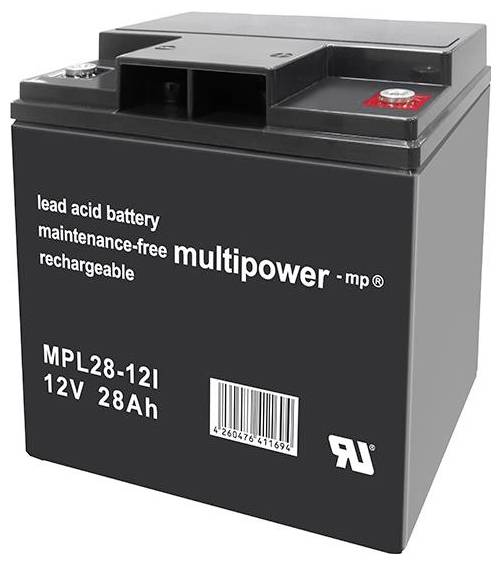 Crna 12V 28Ah olovnokiselinska baterija tvrtke Multipower, bez potrebe održavanja i punjiva, s barkod oznakom i sigurnosnim znakom.