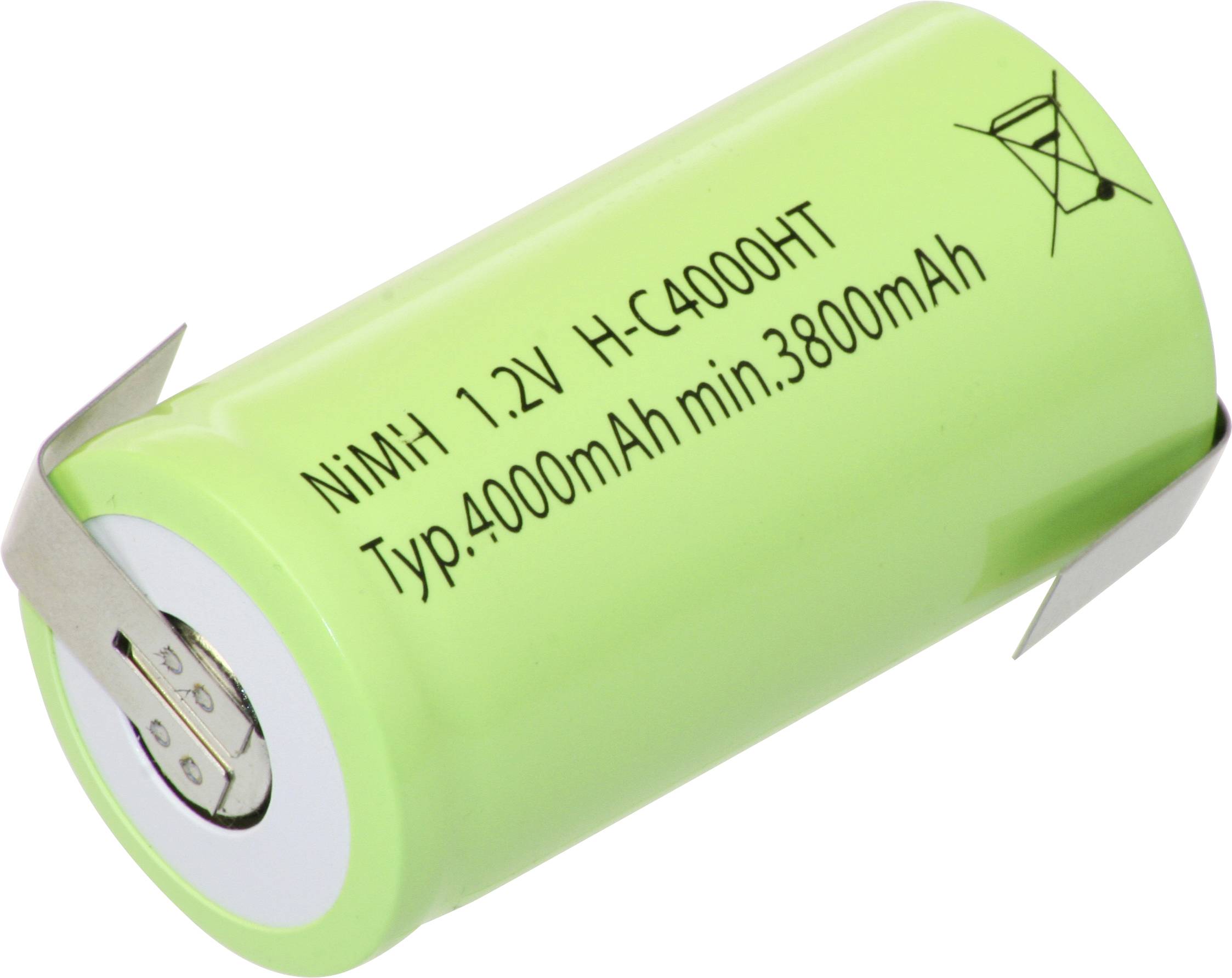 Zelena NiMH baterija označena '1.2V H-C4000HT, Tip: 4000mAh min. 3800mAh', s metalnim priključcima za povezivanje, postavljena na bijelu pozadinu.