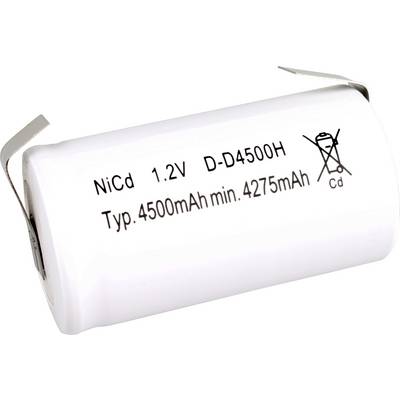 Baterija nikl-kadmij (NiCd), 1,2V, veličina D, kapacitet 4500mAh, označena simbolom za recikliranje i kemijskim upozorenjem za pravilno odlaganje.