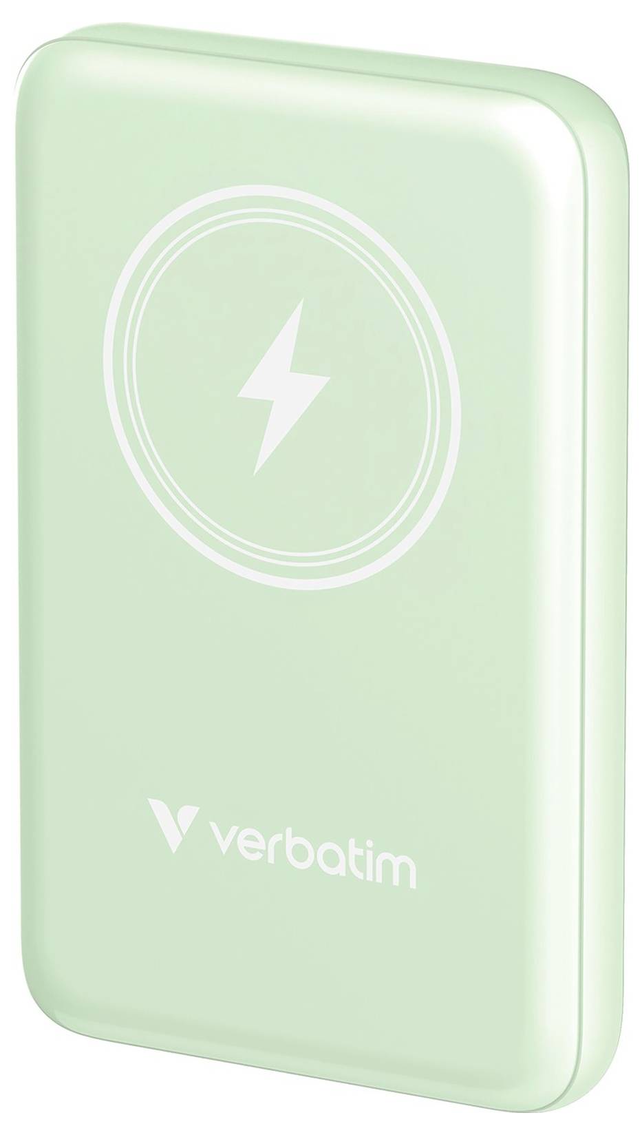 Prijenosni, zeleni bežični punjač od Verbatima s simbolom munje na prednjoj strani, simbolizira energiju i punjenje.