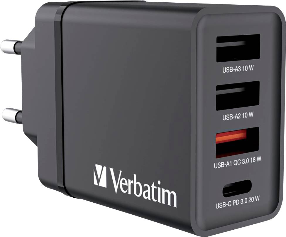 Crni USB punjač s četiri priključka: tri USB-A i jedan USB-C. Naziv marke lijevo, snaga naznačena za svaki priključak.