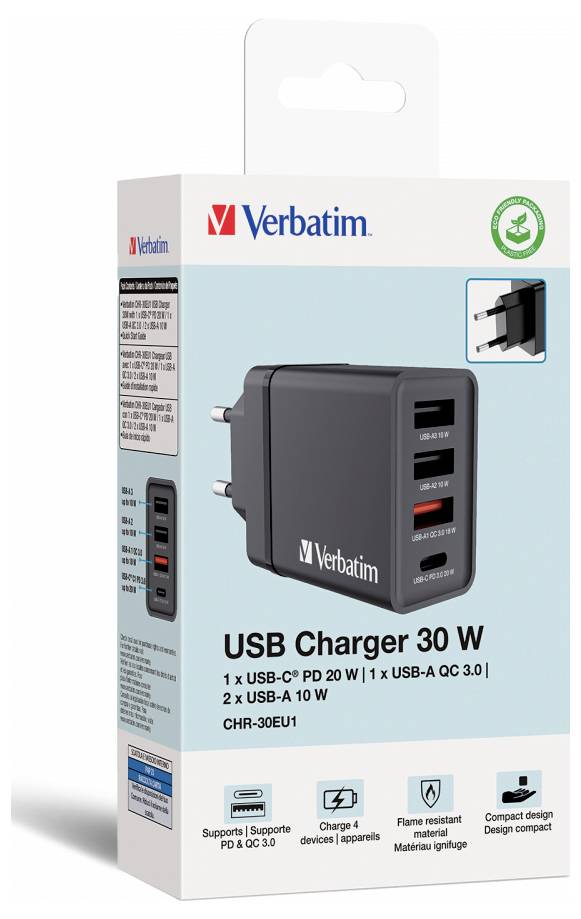 Verbatim USB punjač 30 W. Sadrži 1 USB-C PD 20 W, 1 USB-A QC 3.0, 2 USB-A 10 W priključka. Kompatibilan s PD i QC 3.0.