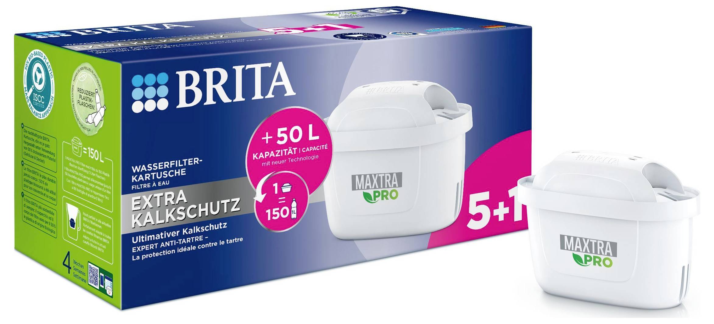 Brita patronska ambalaža s 'Dodatnom zaštitom od kamenca' i '+50 L kapaciteta'. Sadrži 6 filtera, pogodan za 150 L po patroni.