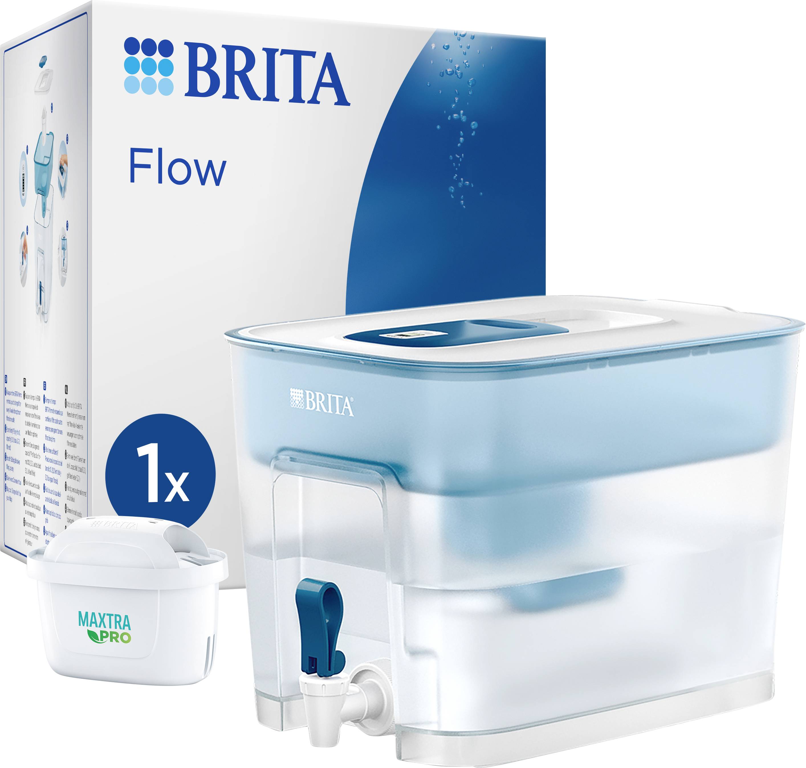 Vodena filterska kanta 'Brita Flow' s plavim poklopcem i slavinom, postavljena pored filter uloška, ispred pakiranja s informacijama o proizvodu.
