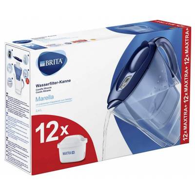 Vodeni filter-vrč 'Brita Marella' u plavoj boji, 2,4 L. Uključuje 12 Maxtra filter uložaka. Pakiranja prikazuje vrč i detalje filtera.
