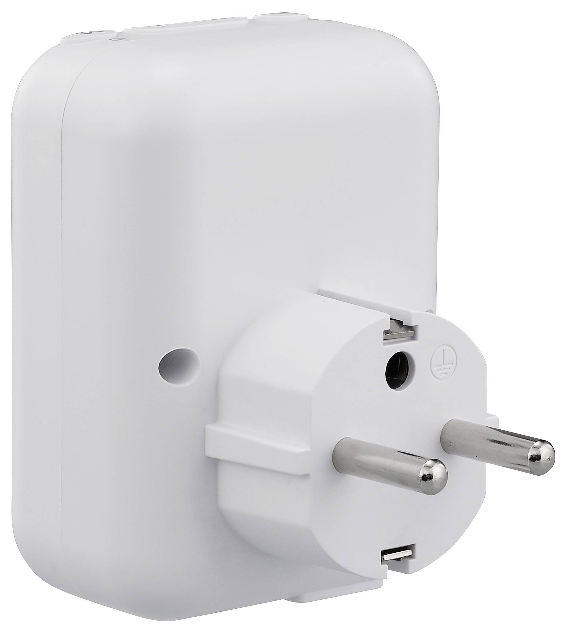 Bijeli mrežni adapter utikača s metalnim čapovima namjenjen za upotrebu u europskim utičnicama.