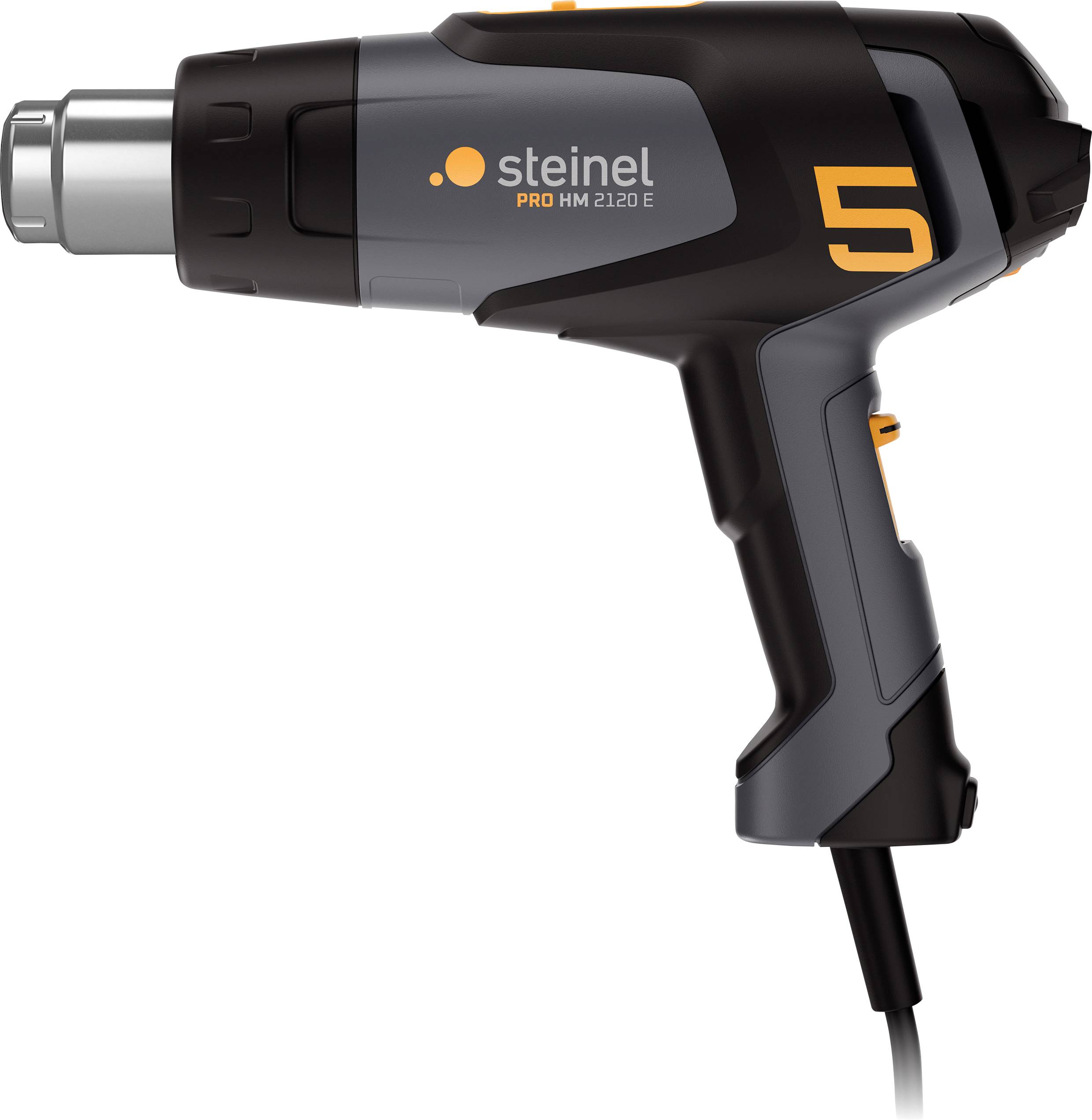 Toplozračni puhač Steinel, model HM 2120 E, u crnoj i sivoj boji, ergonomskog dizajna s kabelom, žutim oznakama.
