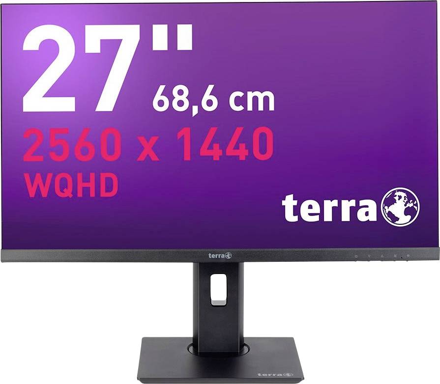 Monitor Terra s 27-inčnim zaslonom, 2560 x 1440 WQHD rezolucije, ljubičastom pozadinom, crnom postoljom.