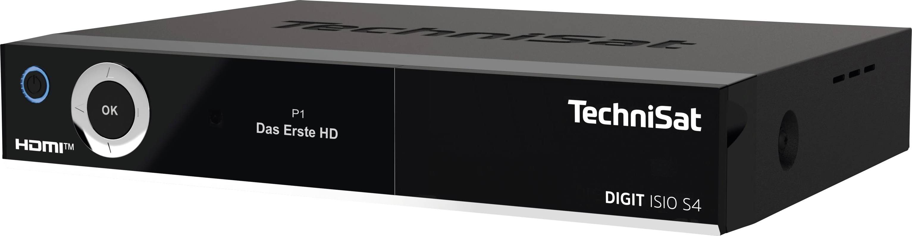 Crni Technisat DigiCorder s HDMI priključkom i zaslonom koji prikazuje 'Das Erste HD'. Uređaj za primanje TV programa.