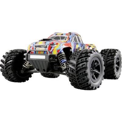 Daljinski upravljani autić igračka s šarenim, upadljivim lakom i velikim off-road gumama, pogodan za vožnje i utrke na otvorenom prostoru.