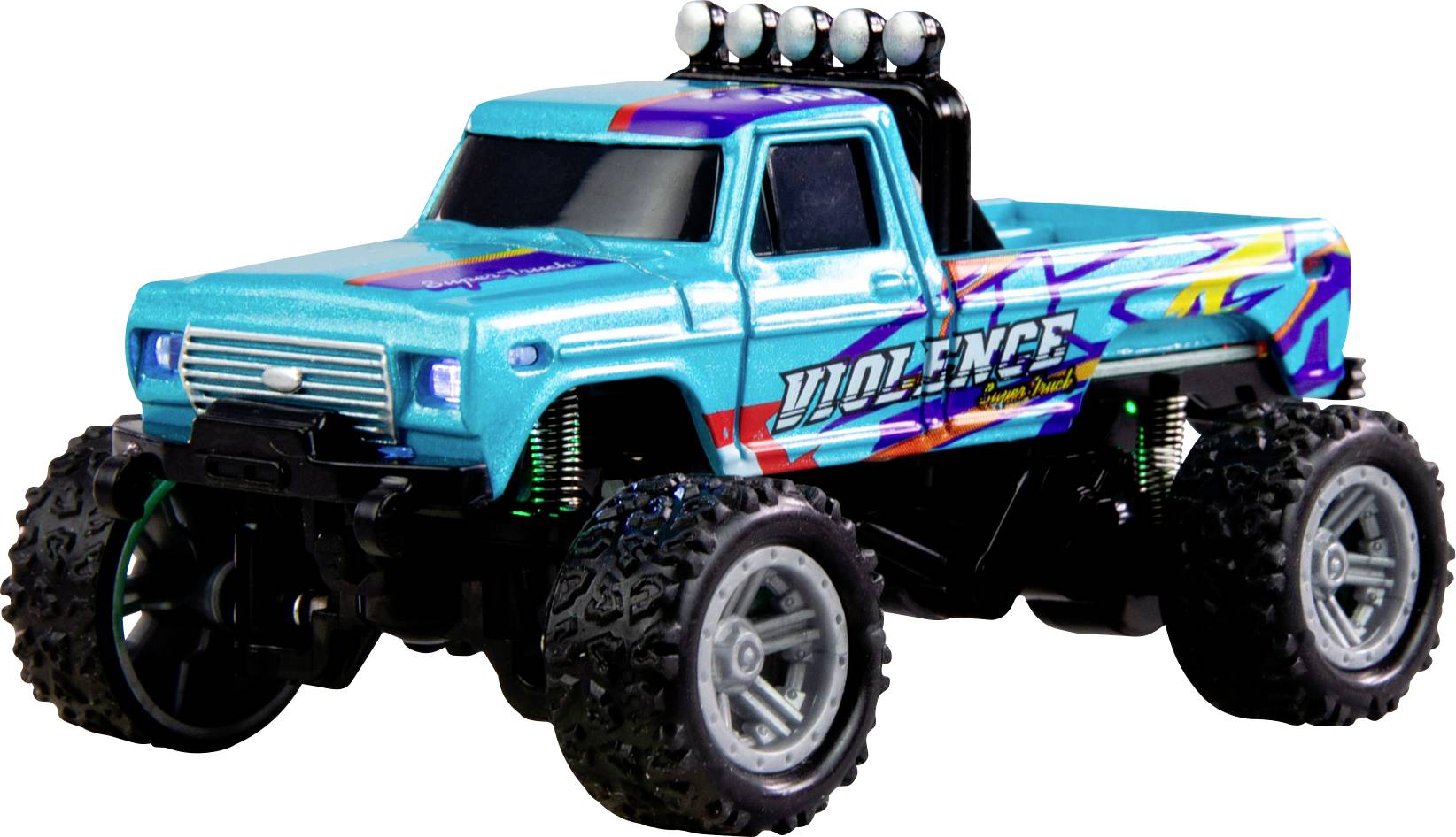 Igračka monster truck u sjajno plavoj boji s šarenim grafičkim dizajnom, velikim kotačima i povišenom karoserijom.