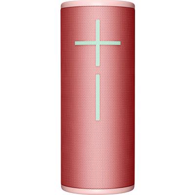 Crveni prijenosni Bluetooth zvučnik s velikim plus i minus znakovima za upravljanje glasnoćom na prednjoj strani.