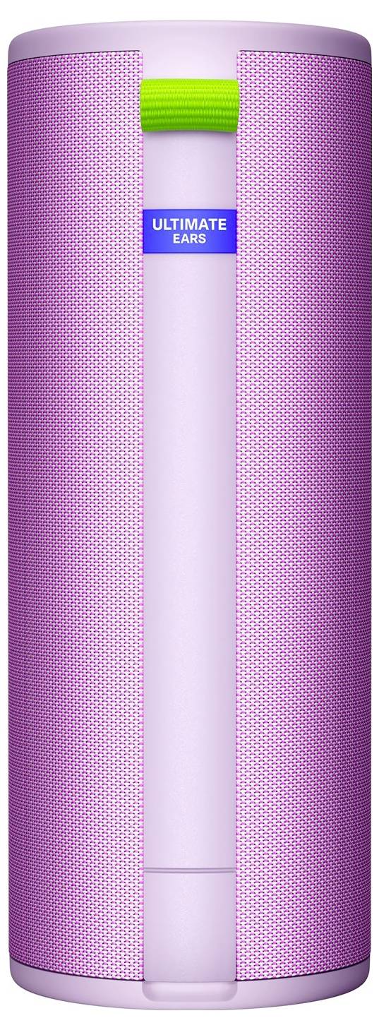 Ljubičasti cilindarski Bluetooth zvučnik sa zelenom tipkom i natpisom 'Ultimate Ears' na prednjoj strani.