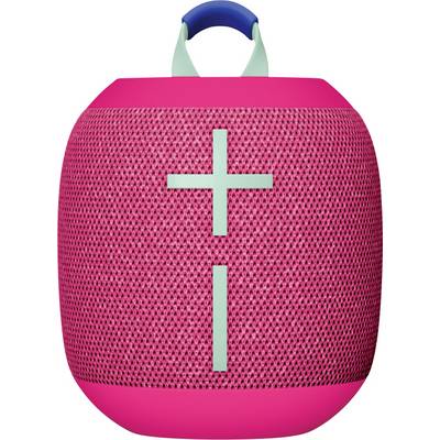 Kompaktan, ružičasti Bluetooth zvučnik s plavim tipkama za glasnoću na prednjoj strani. Na vrhu se nalazi ručka za nošenje.