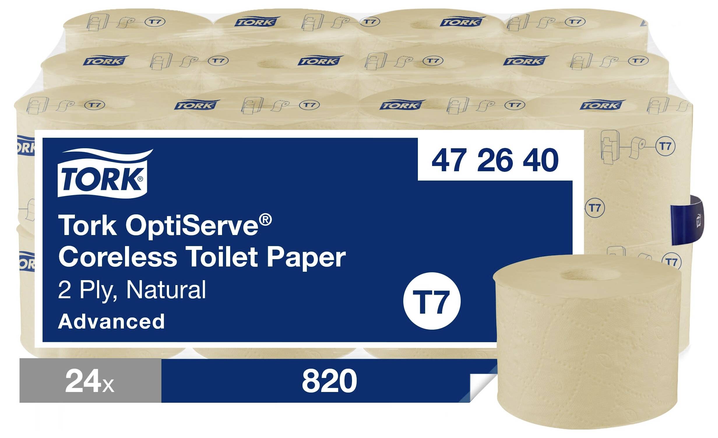 Pakiranje s 24 role Tork OptiServe toaletnog papira bez čahure, 2-slojni, prirodni, Advanced kvaliteta, broj artikla 47 26 40.