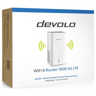 WiFi 6 Router 3600 5G LTE od devola. Router je prikazan u ambalaži, reklamira brzi WLAN i jednostavnu instalaciju.