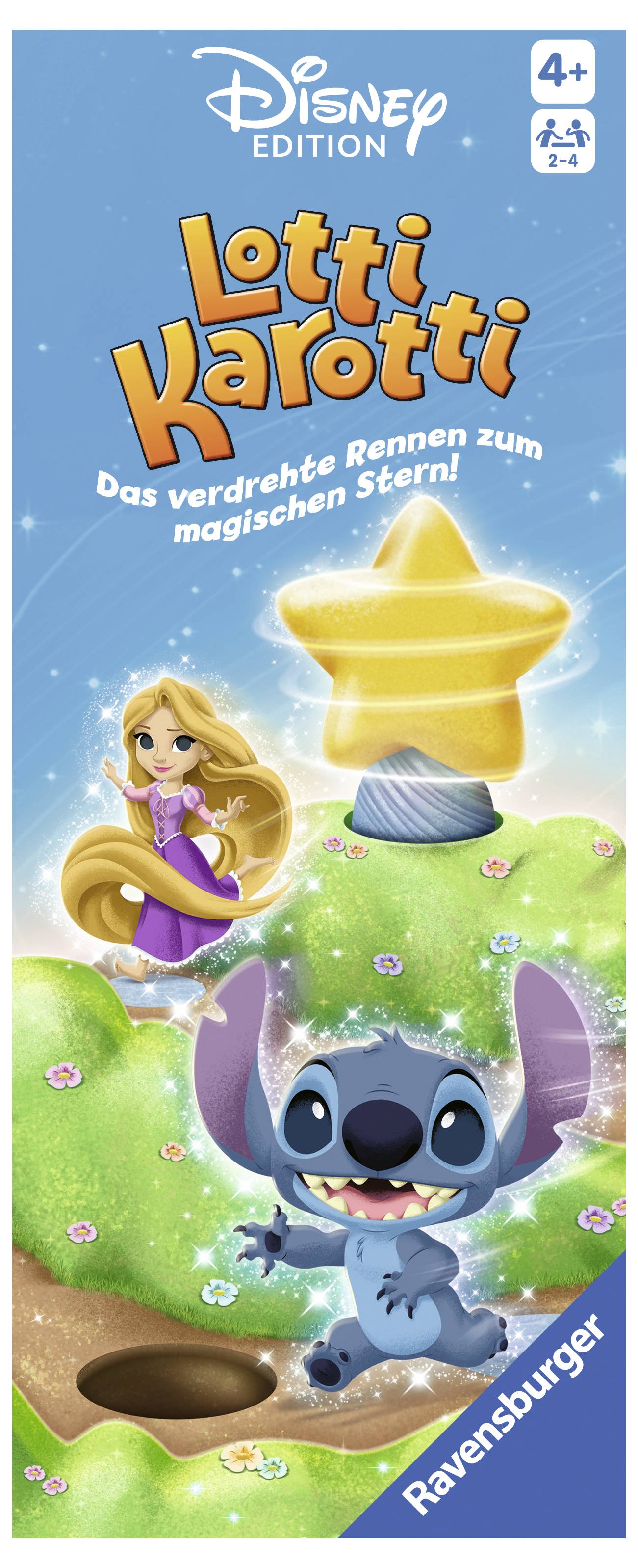 Društvena igra 'Lotti Karotti: Disney izdanje' za djecu od 4 godine. Prikazane su figure Disney likova poput Rapunzel i magične zvijezde.