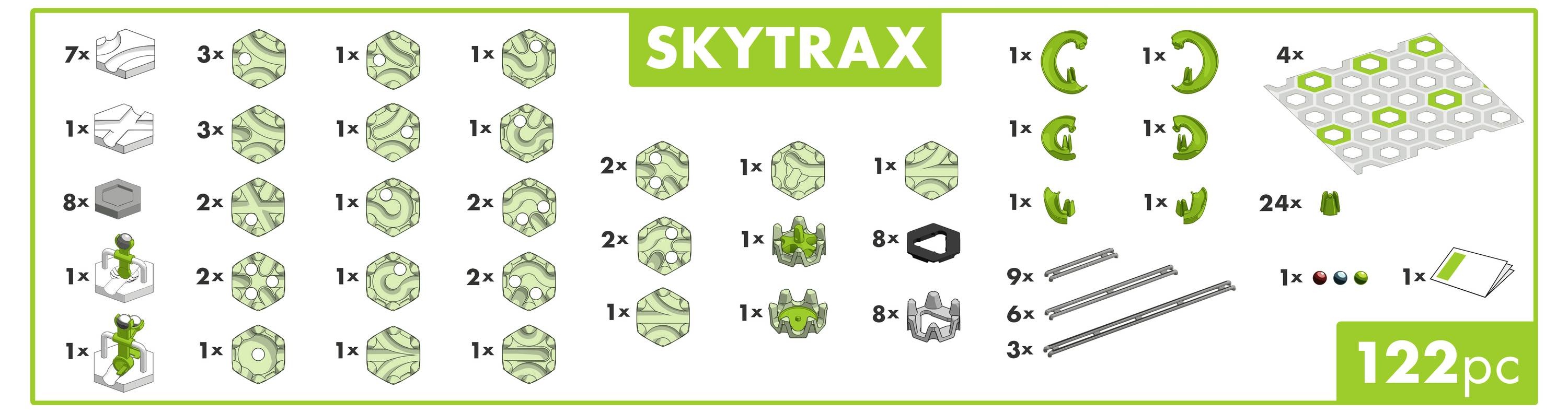 Upute za sastavljanje igračke: Popis dijelova s količinama, strelice za okretanje, naslov 'SKYTRAX', ukupno 122 dijela.