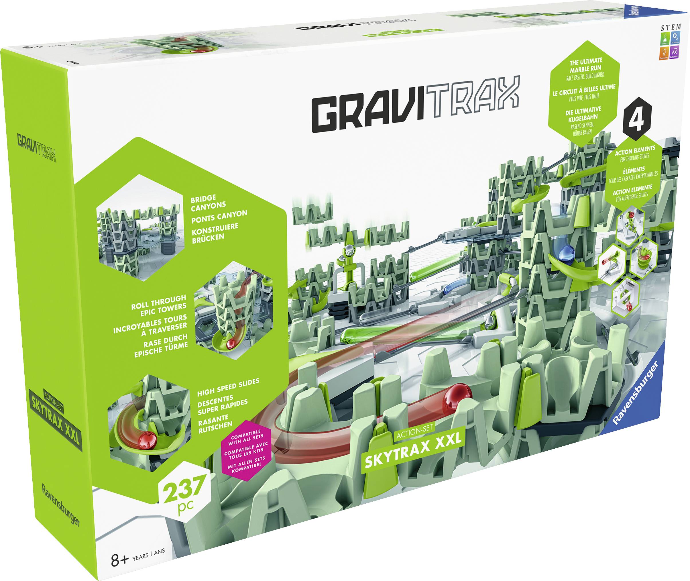 Ambalaža 'Gravitrax Skytrax XXL', građevna i konstruktorska igra za djecu od 8 godina, sa 237 dijelova, na stolu.