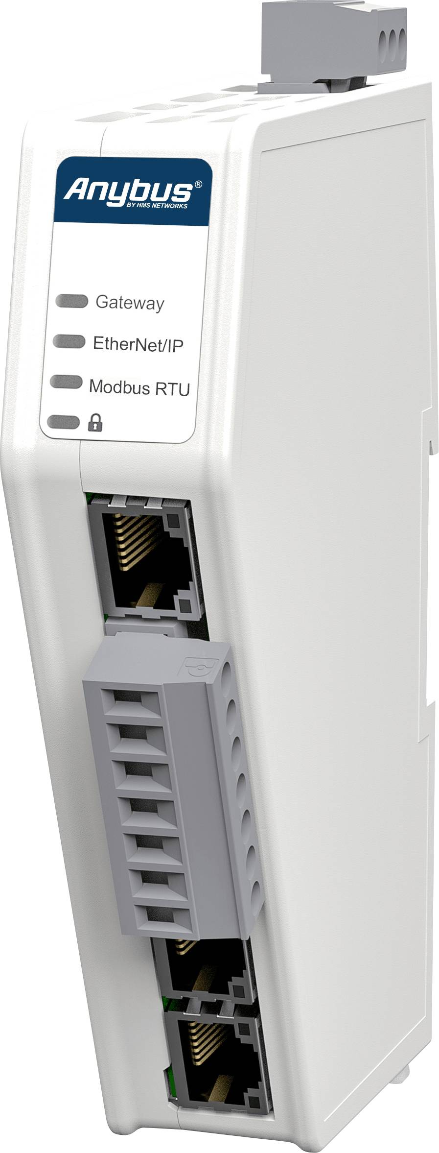Elektronički gateway uređaj tvrtke Anybus, pogodan za EtherNet/IP i Modbus RTU povezivanja, s više Ethernet priključaka.