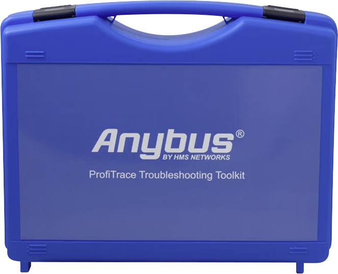 Plavi kofer s natpisom 'Anybus by HMS Networks, ProfiTrace Troubleshooting Toolkit'. Sadrži alate za dijagnosticiranje kvarova.