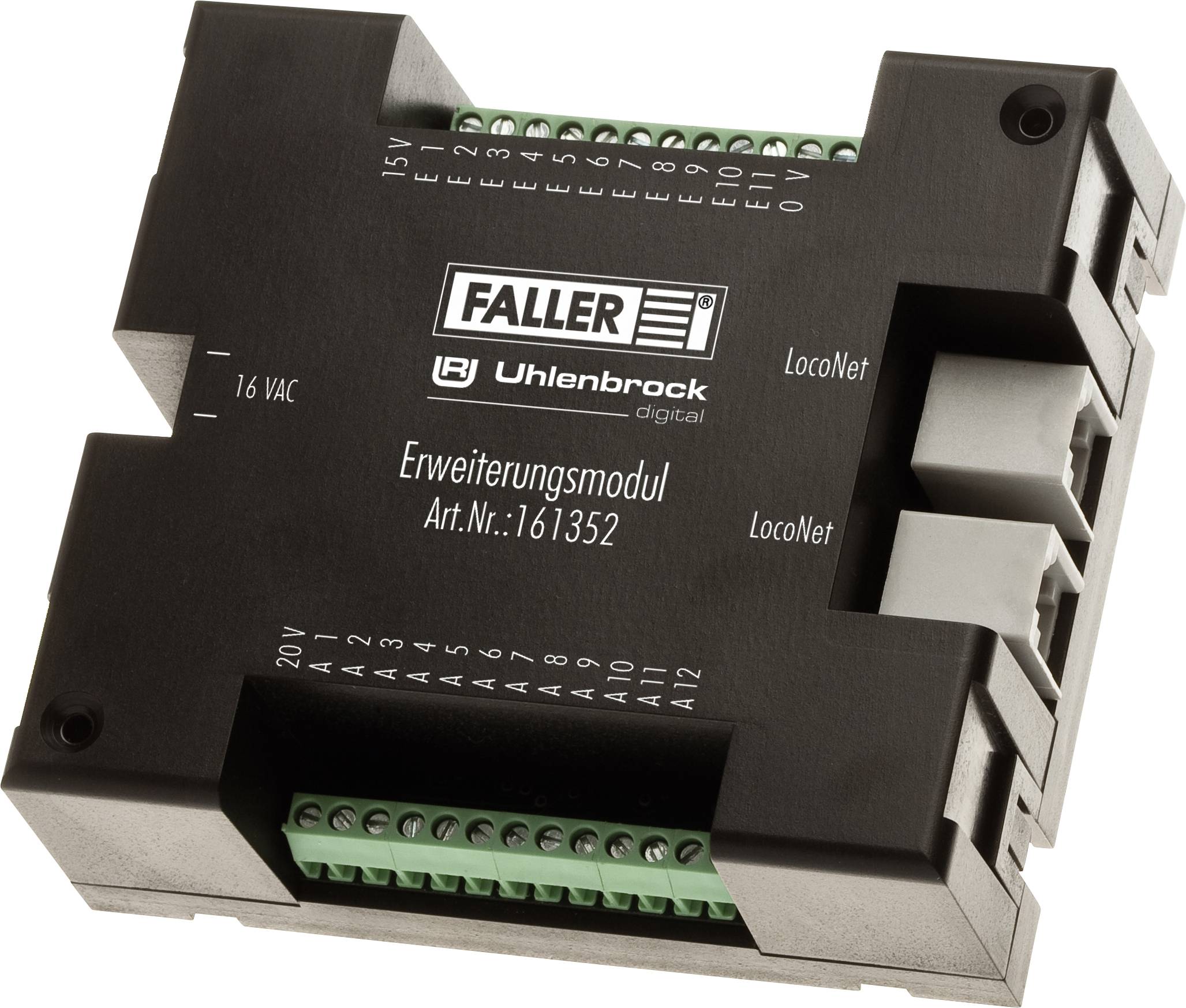 Crni Faller Uhlenbrock modul proširenja za upravljanje modelnom željeznicom, Art.br.: 161352, s priključcima za LocoNet.