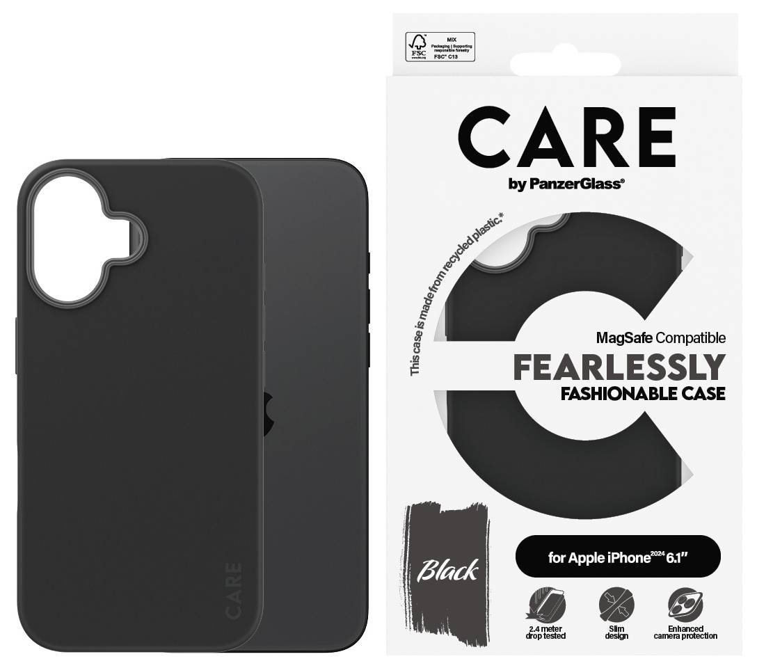 Crna maskica za mobitel PanzerGlass za iPhone 6.1", kompatibilna s MagSafe-om, uz ambalažu s dizajnerskom naznakom 'NEUSTRAŠIVO MODNA MASKICA'.