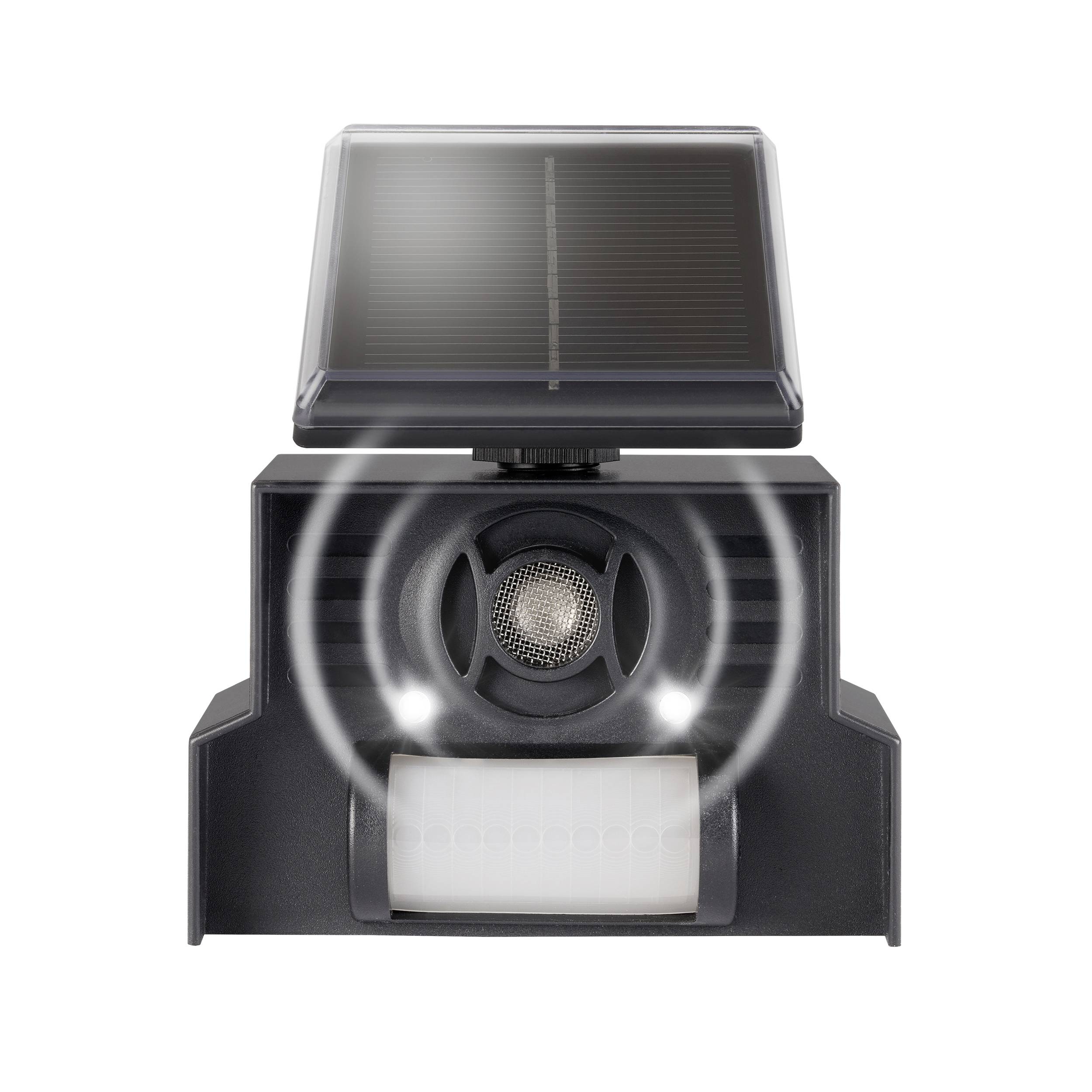 Solarna lampa s detektorom pokreta i zvučnikom, pravokutni solarni panel na vrhu, senzor i rešetka zvučnika u sredini.