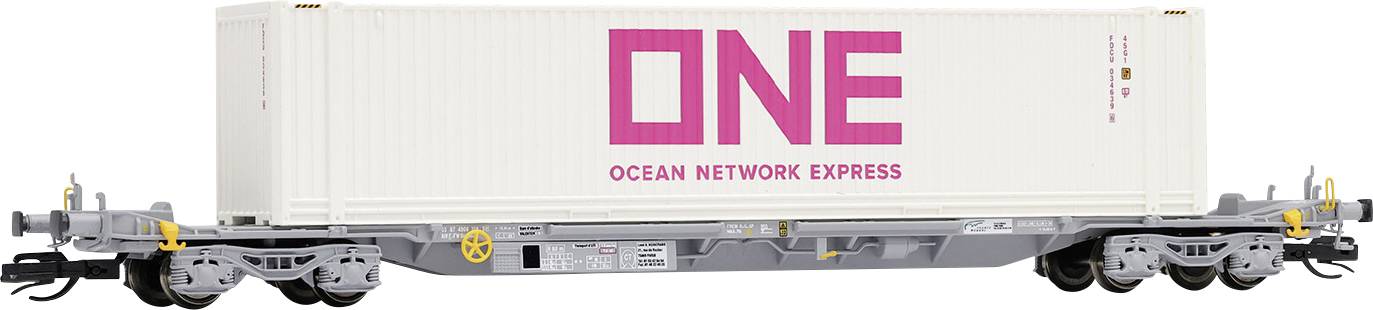 Bijeli teretni kontejner s ružičastim natpisom 'ONE Ocean Network Express' stoji na vagonu teretnog vlaka.