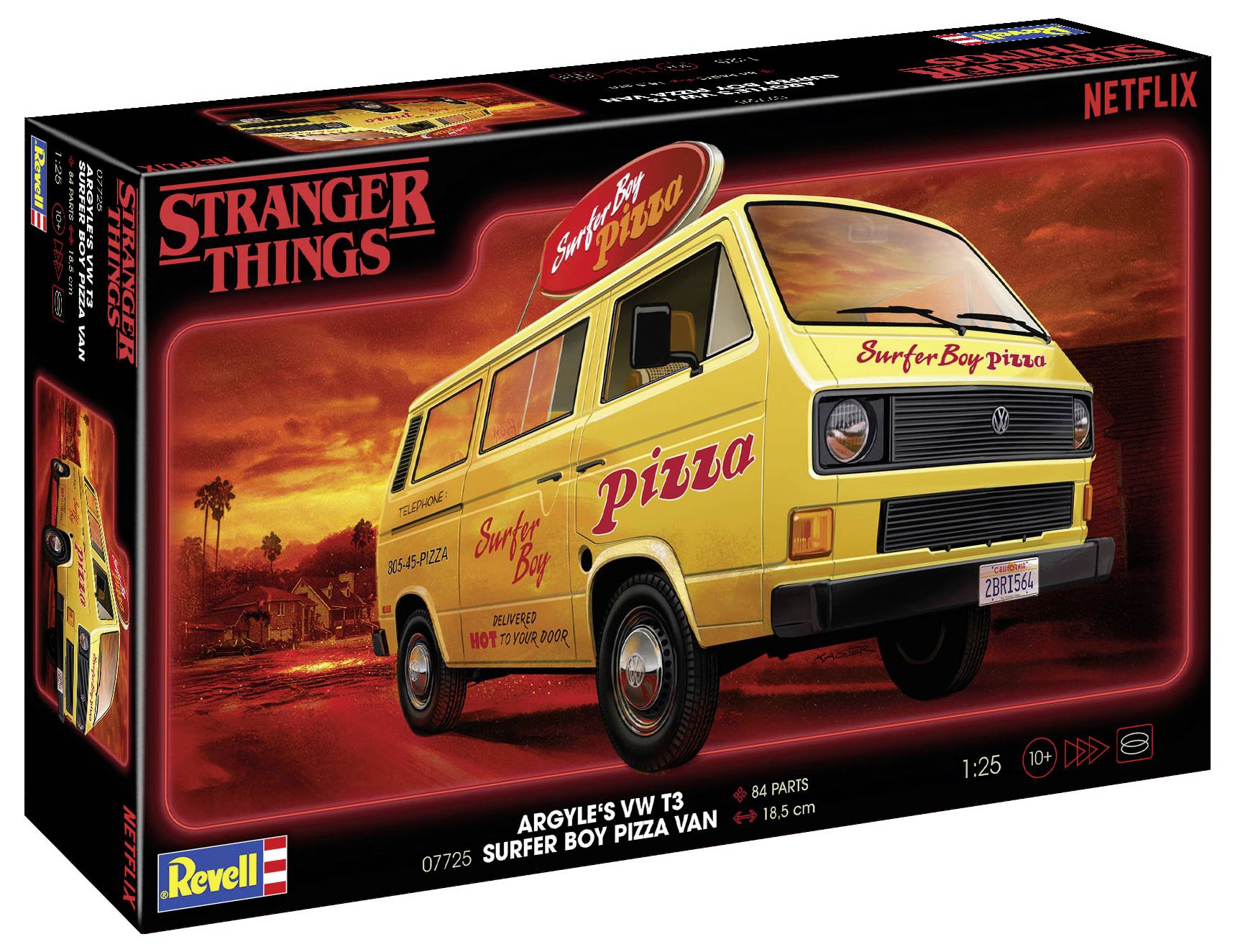 'Stranger Things' Revell komplet za sastavljanje: 'Surfer Boy Pizza' kombi u mjerilu 1:25. VW T3 model u retro dizajnu, 84 dijela.