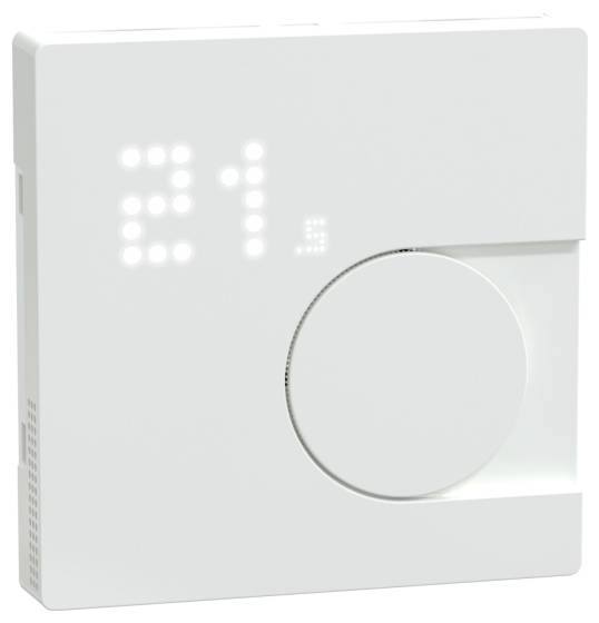 Digitalni termostat u bijelom kućištu, prikazuje temperaturu od '21,5' stupnjeva. Veliki okretni gumb za podešavanje temperature.