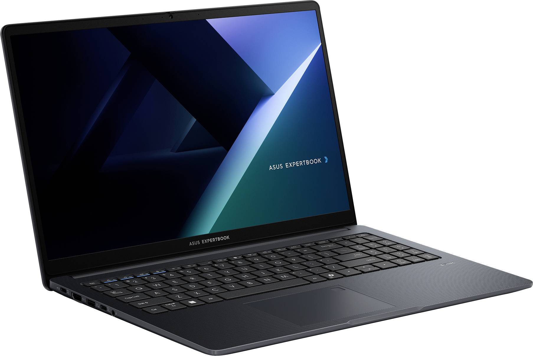 Elegantan, otvoreni prijenosnik s natpisom 'ASUS ExpertBook' prikazan na zaslonu, koji pokazuje moderan dizajn s tamnom tipkovnicom i tankim rubom.