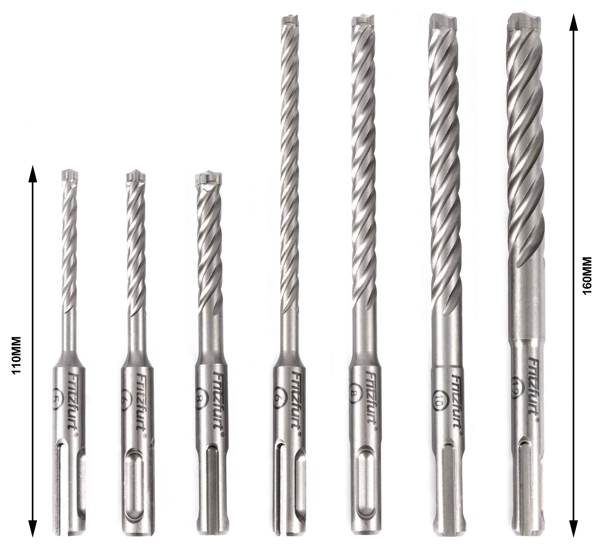 Set od sedam metalnih svrdla različitih duljina, u rasponu od 110 mm do 160 mm, poredanih uzlaznim redom s lijeva na desno.