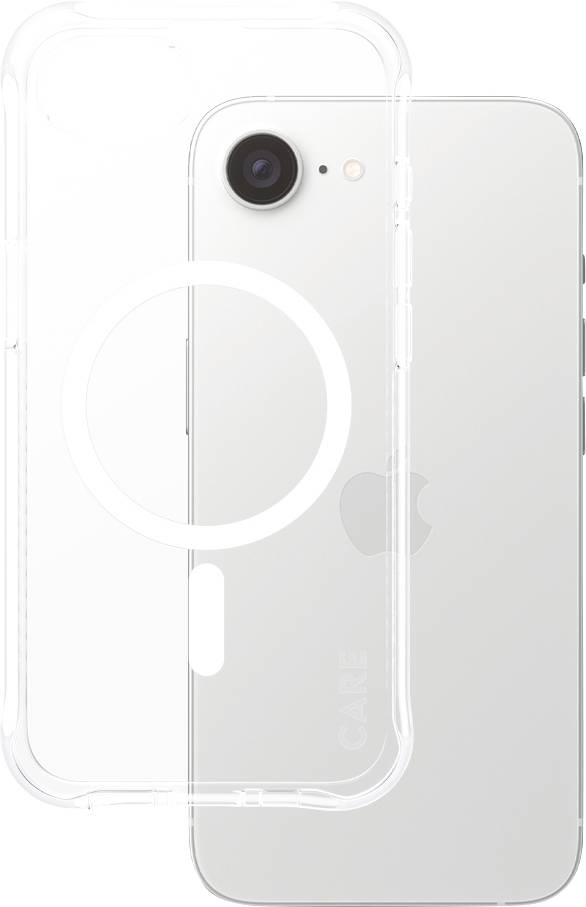 Bijeli pametni telefon s prozirnom zaštitnom futrolom koja ima okrugli otvor. Logotip marke vidljiv je na poleđini.