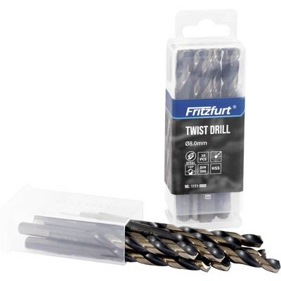 Set 'Fritzfurt Twist Drill' s crnim i zlatnim svrdlima od 8,0 mm u plastičnoj kutiji, oznake '10 KOM. KORAK: SVRDLA HSS'.