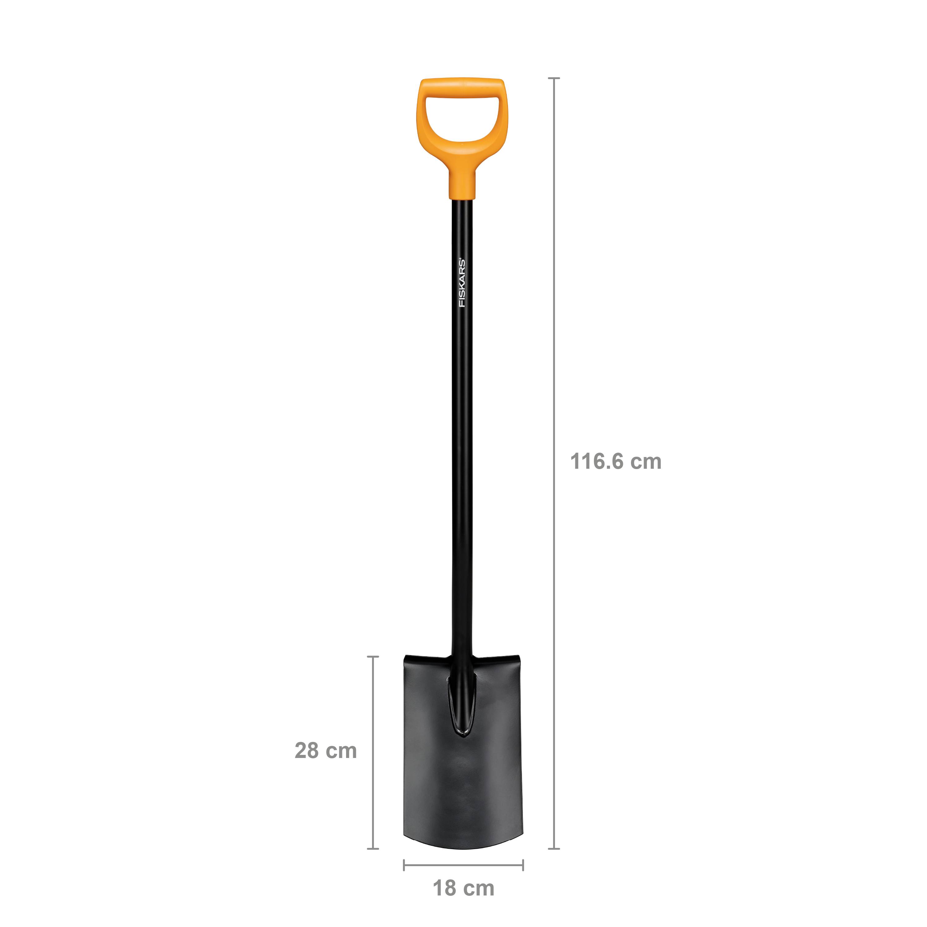 Lopata s narančastom drškom. Ukupna duljina 116,6 cm. Širina lopate 18 cm, visina 28 cm.