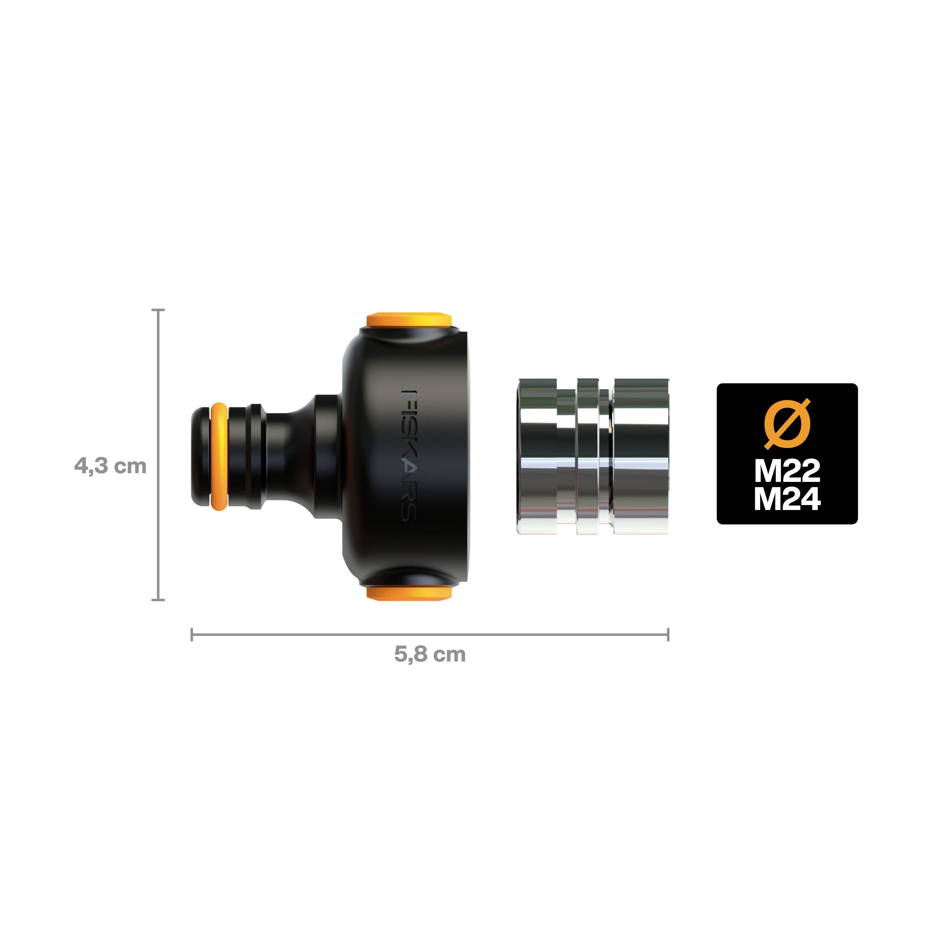 Cilindrični adapter za crijevo, duljine 4,3 cm, promjera 5,8 cm, kompatibilan s M22 i M24 armaturama; crne gumene i metalne komponente.