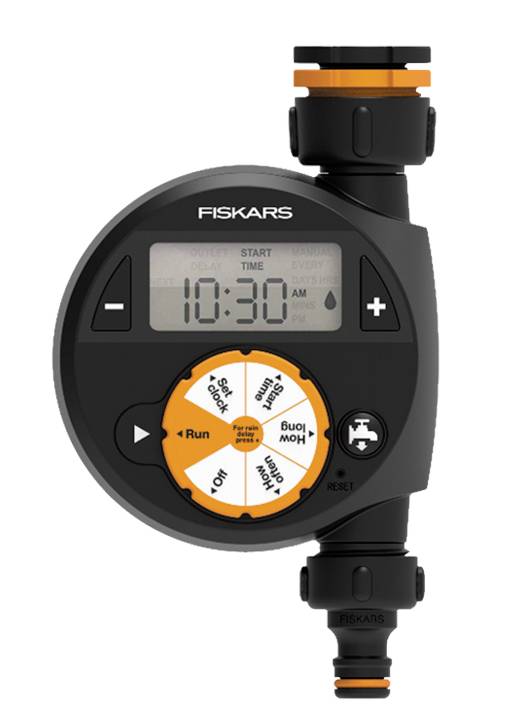 Digitalni timer za navodnjavanje s zaslonom, okruglim upravljačkim elementom i priključcima, podešen na 10:30 sati.