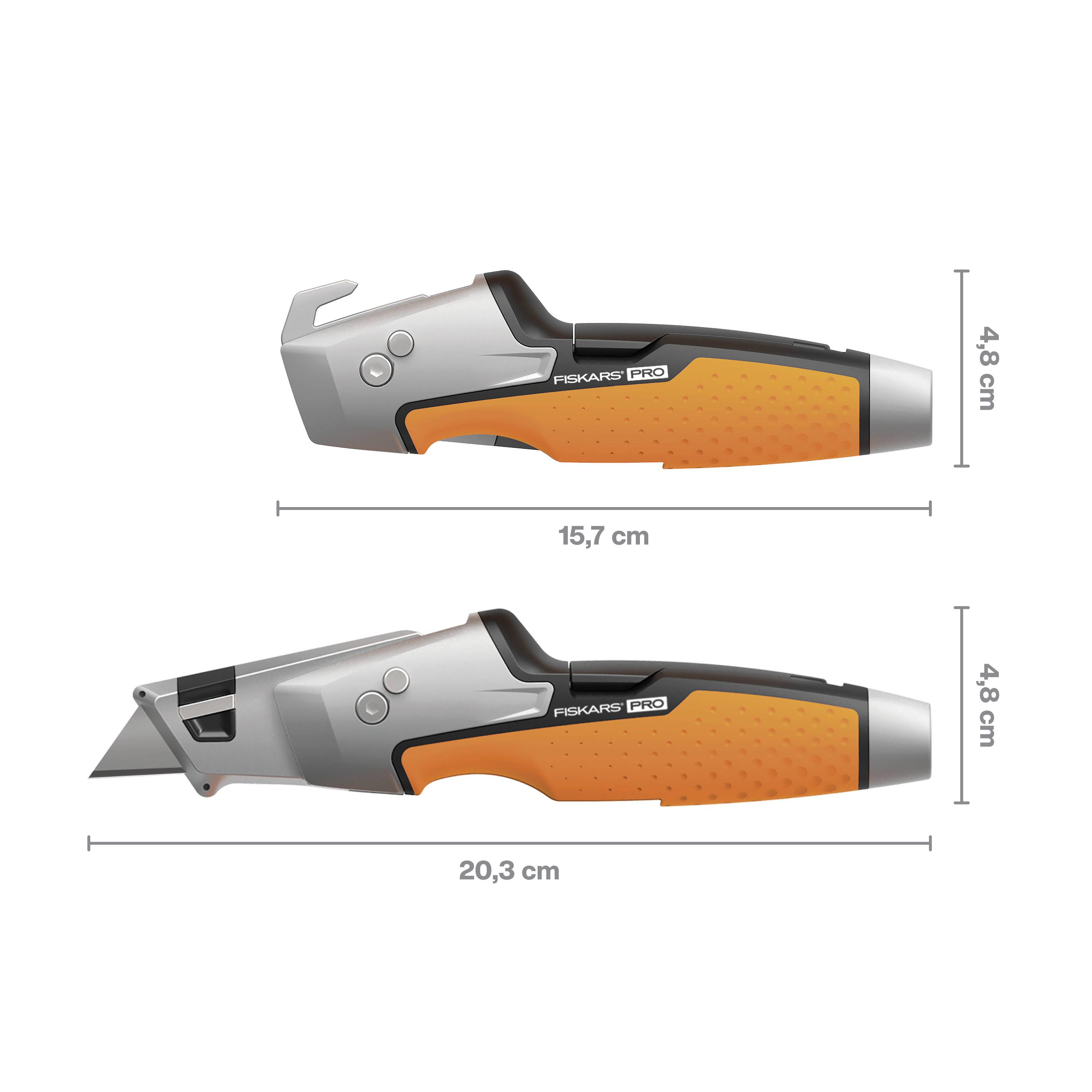 'Fiskars Pro nož': Dva narančasto-siva noža s ručkom. Dimenzije: 15,7 cm i 20,3 cm duljine, 4,8 cm visine.