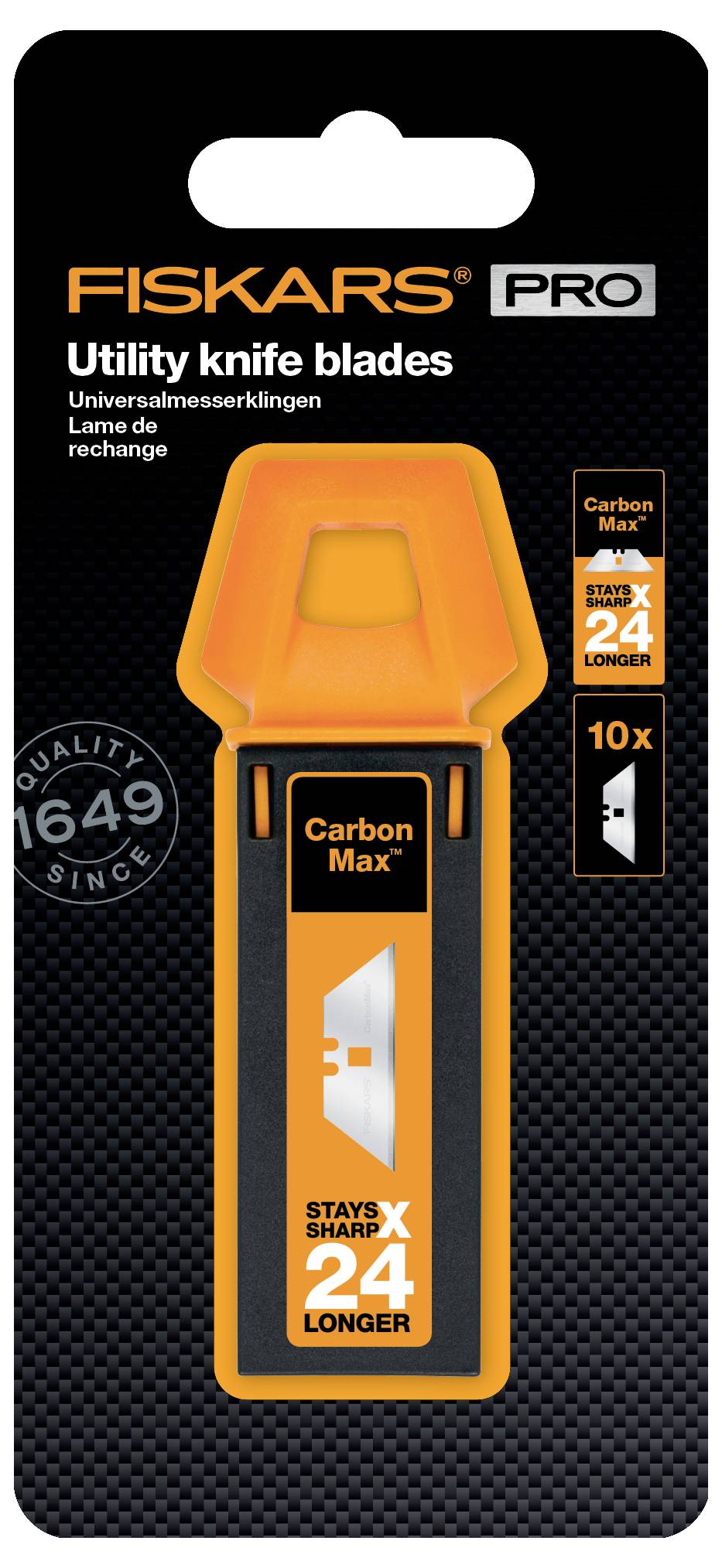 Pakiranje Fiskars Pro univerzalnih noževa. Prikazuje 'Carbon Max' tehnologiju, ostaje 24 puta dulje oštar. Pakiranje sadrži 10 oštrica.