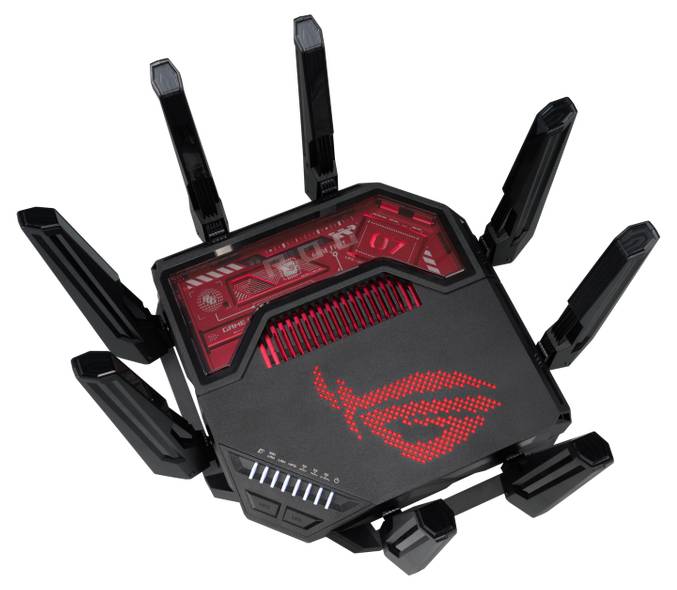 Usmjerivač ima futurističan dizajn s osam crnih antena te svijetli crvenom bojom.