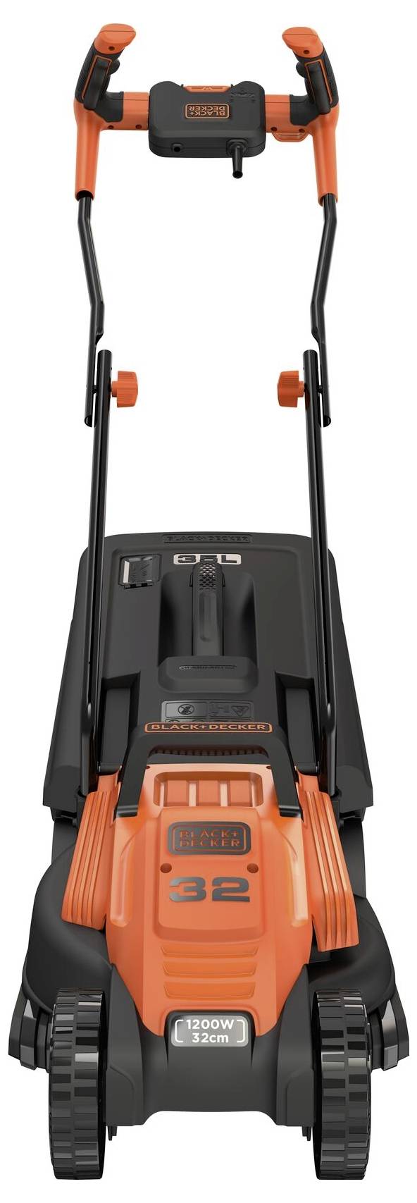 Električni kosilica u crnoj i narančastoj boji s 1200-vatnim motorom i širinom košenja od 32 cm.