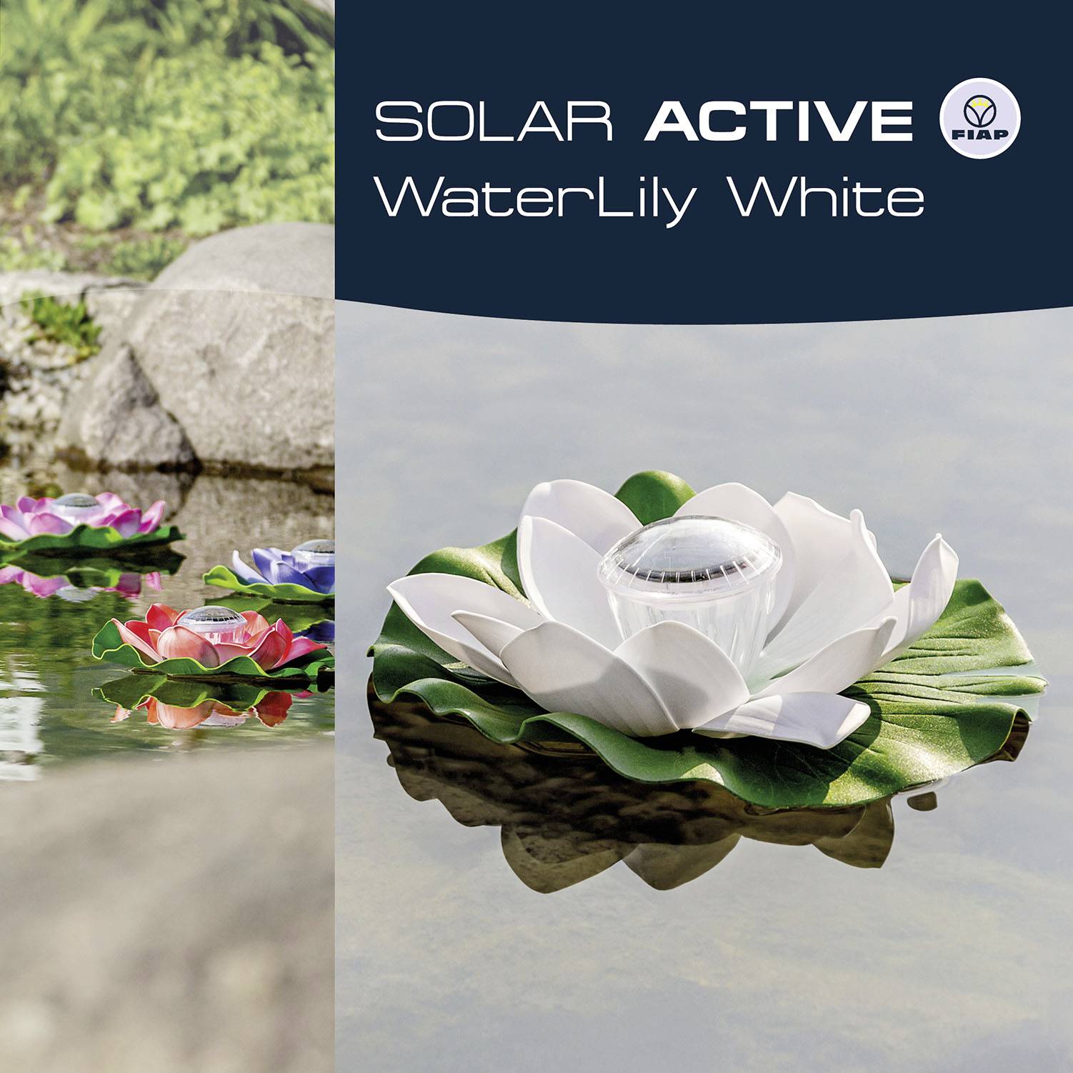 Bijeli solarni vodeni ljiljan plutajući na vodi, okružen biljkama. Logo i naziv proizvoda gore desno: 'SOLAR ACTIVE WaterLily White, FIAP'.