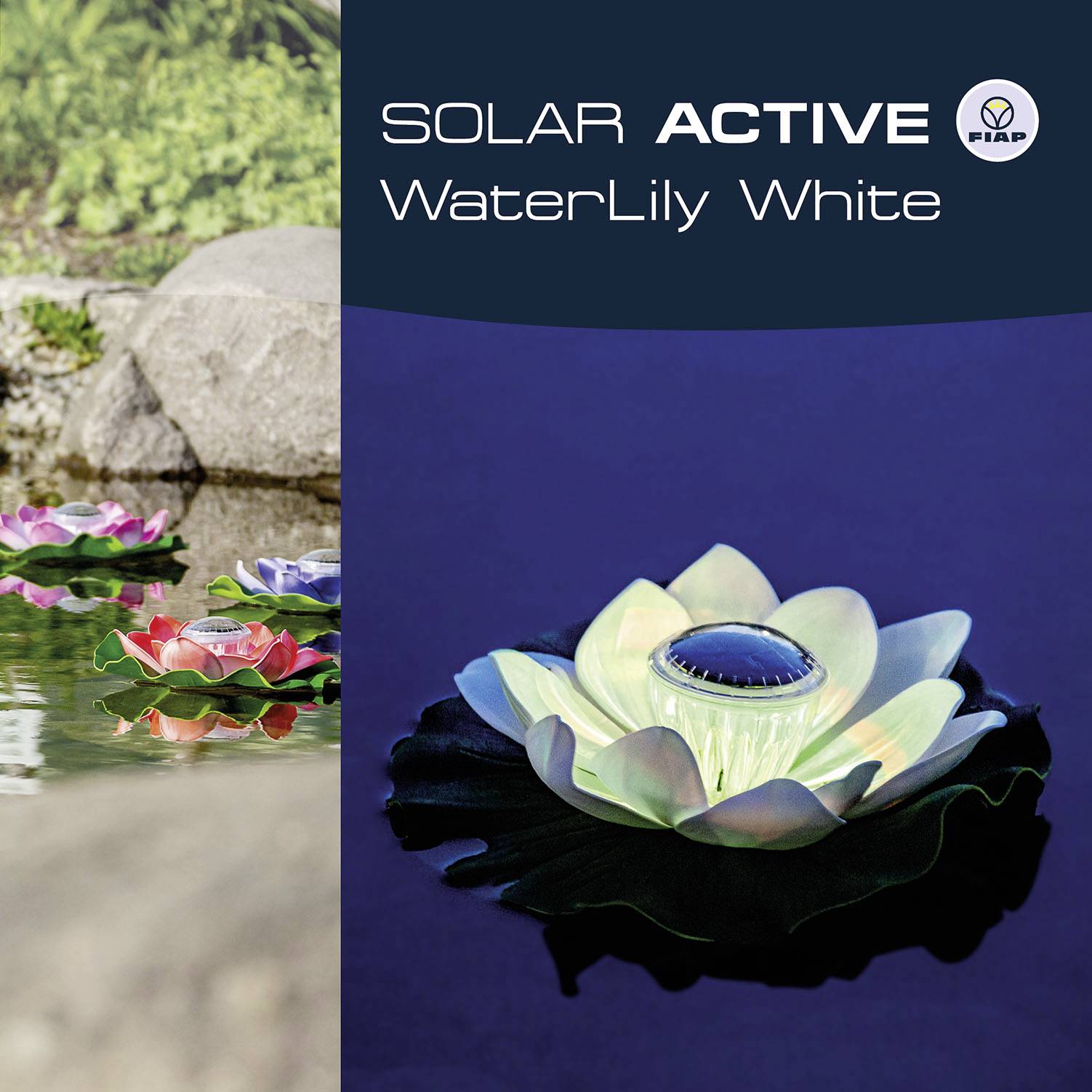 Solarna LED-vodena ljiljan 'WaterLily White' tvrtke Solar Active u krajoliku sa stijenama, osvjetljen u sumraku.
