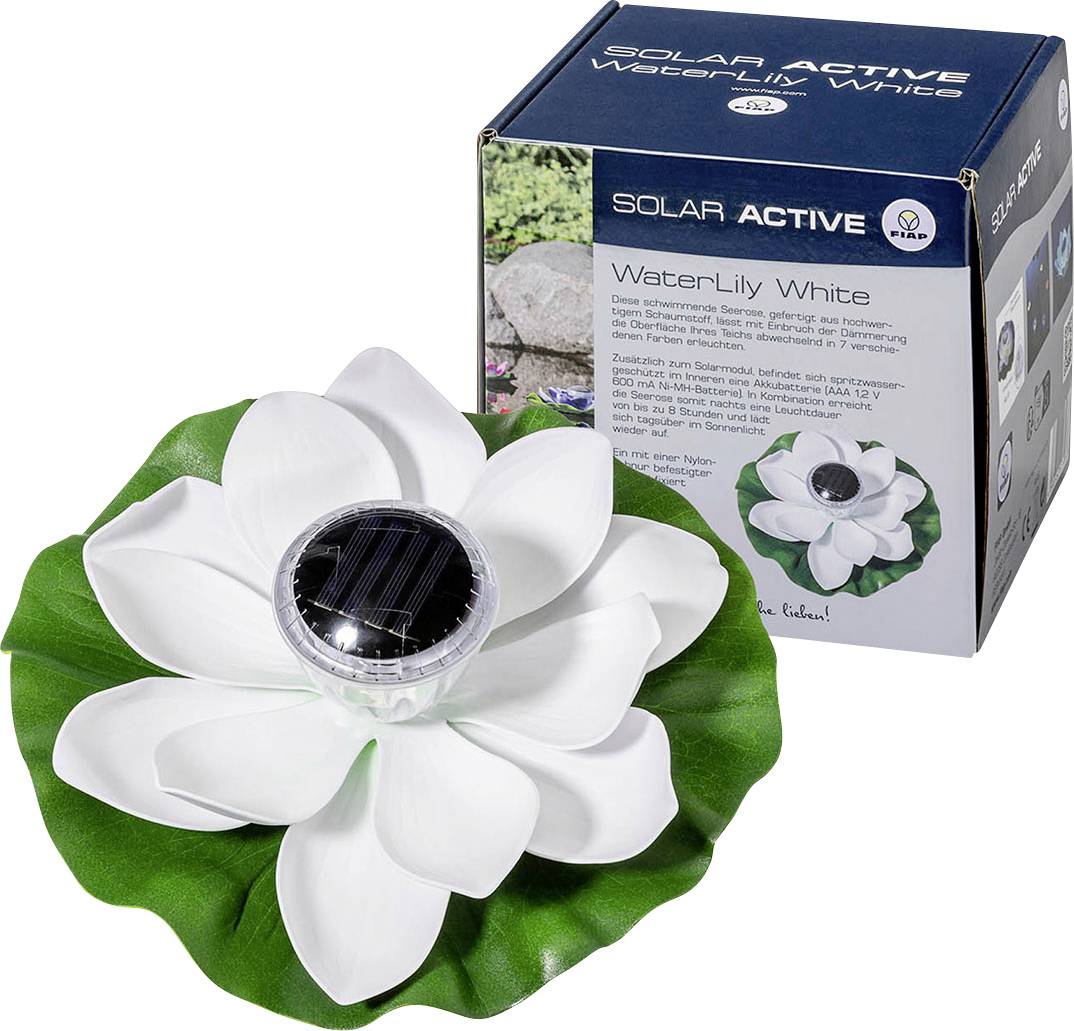 'WaterLily White' plutajuća solarna lampa u obliku bijelog cvijeta sa zelenim listom; ambalaža s informacijama o proizvodu u pozadini.