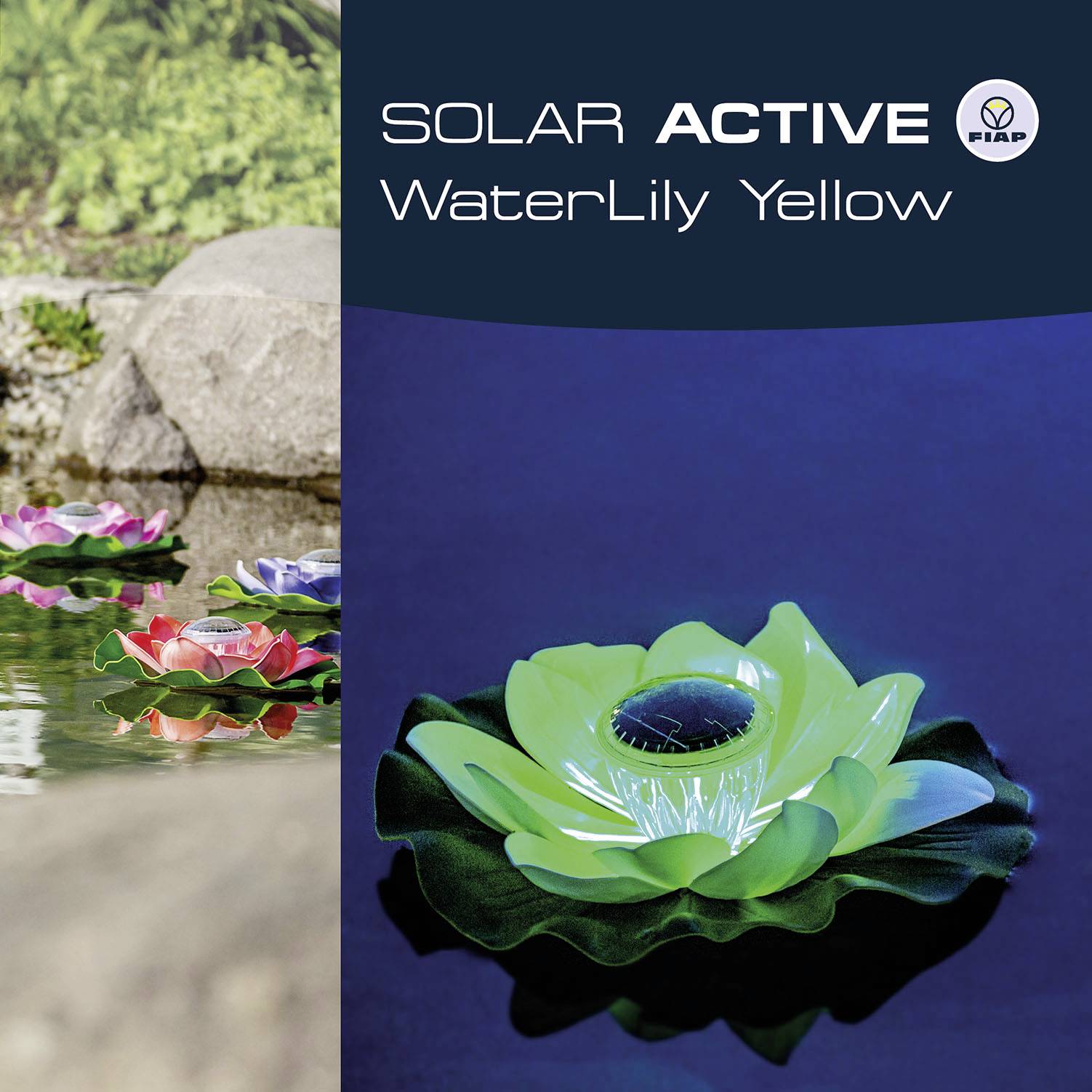 Lijevkasta solarna lampa pluta na vodi. Tekst 'Solar Active WaterLily Yellow' prikazan je gore desno.