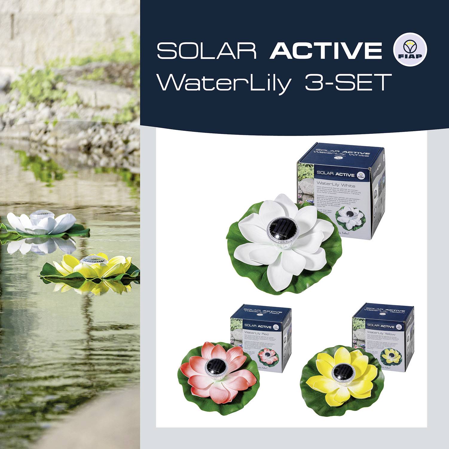 Tri solarne lopoče na vodi: bijele, ružičaste, žute. Pakovanje prikazuje lopoče i 'SOLAR ACTIVE' set vodenih ljiljana.