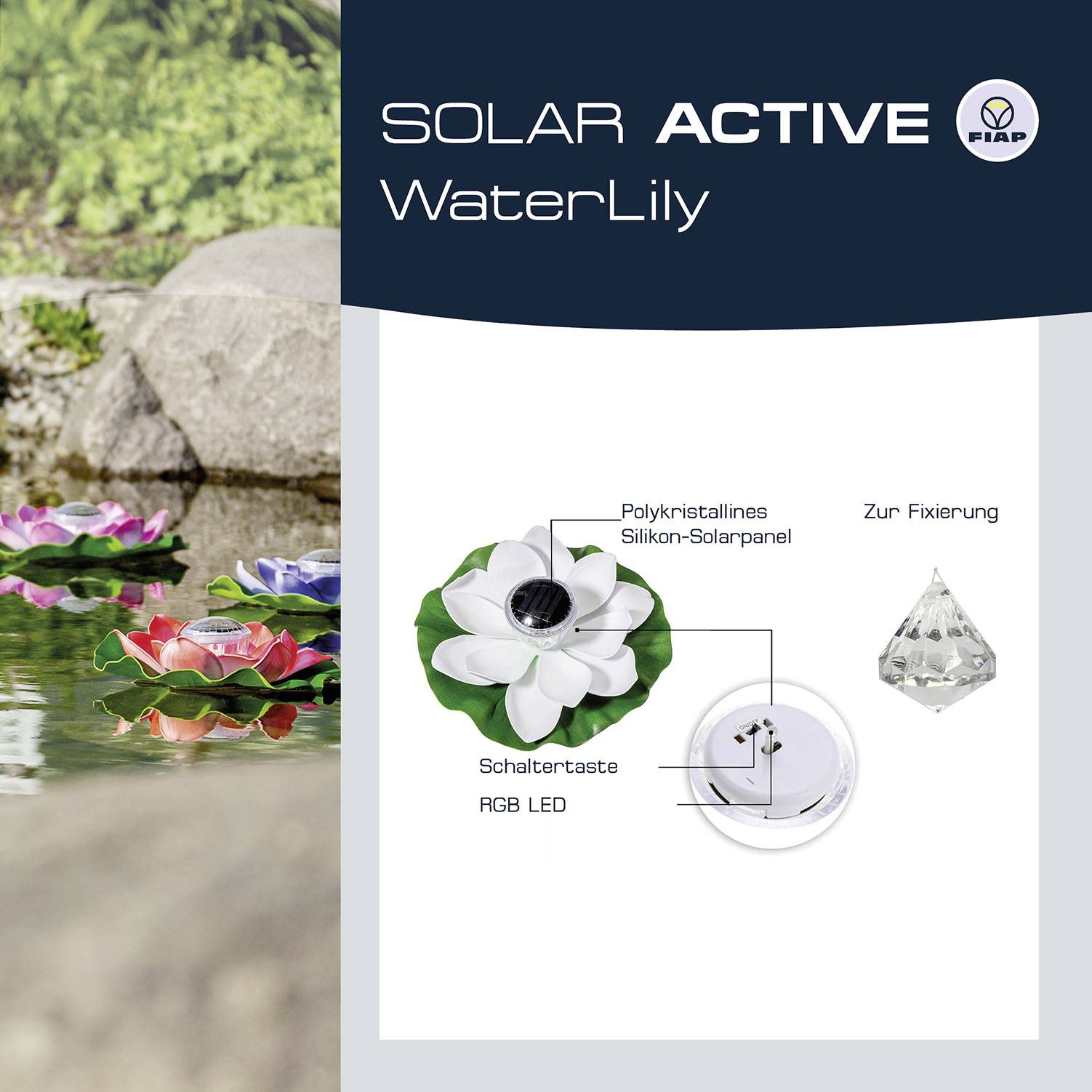 'Solar Active WaterLily': Plutajuća dekoracija sa solarnim modulom; automatski uključuje RGB LED rasvjetu pri padu mraka.