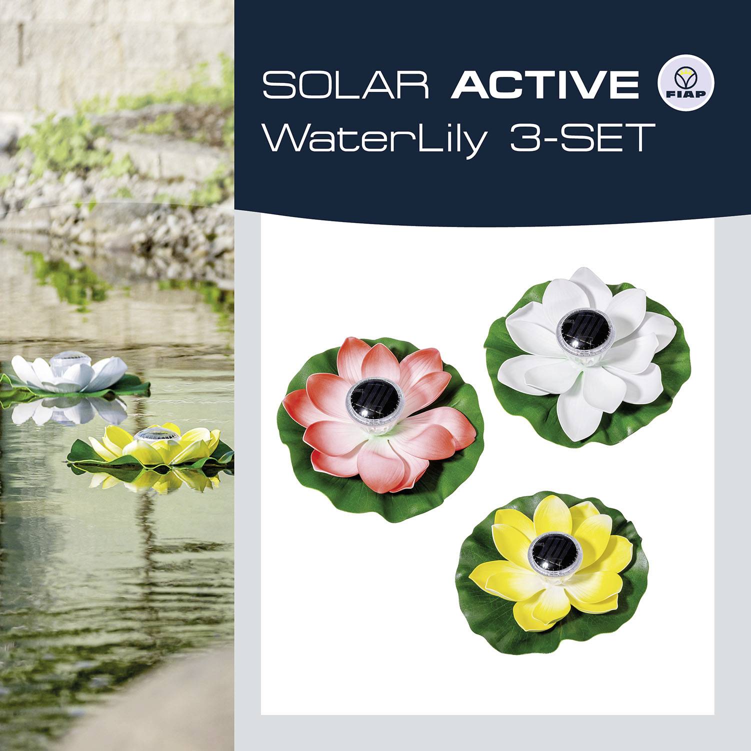 Tri plutajuće solarne ljiljan-lampe u crvenom, bijelom i žutom na vodi, reklamirane kao dekorativni ukras za vrtni ribnjak.