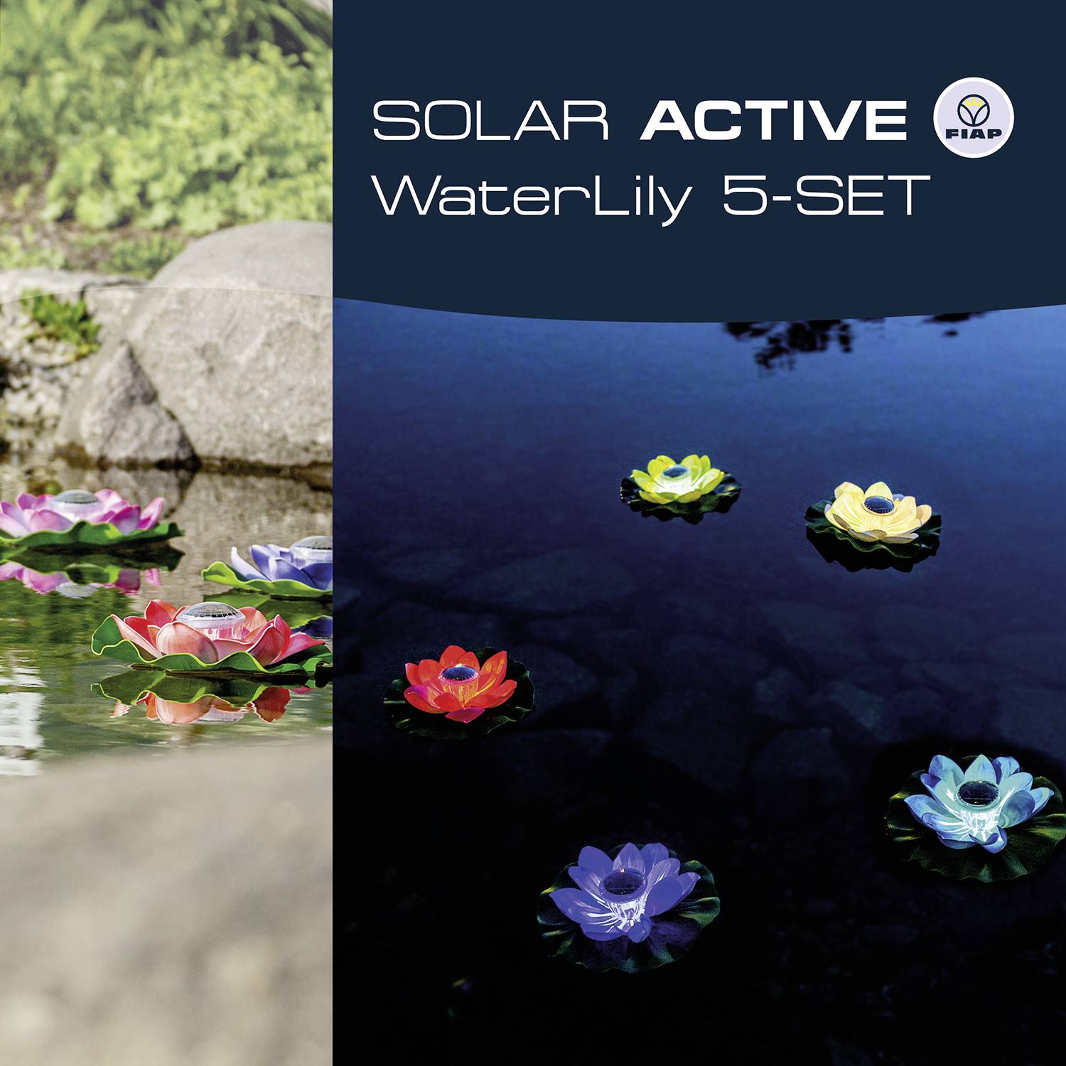 Pet šarenih solarnih svjetiljki u obliku lopoča plutaju na vodi. Lijevo su vidljive biljke i stijene. Tekst: 'SOLAR ACTIVE WaterLily 5-SET'.